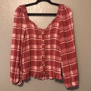 Shirt NWT Freshman Plaid Long Sleeve Blouse XL Burgundy.
